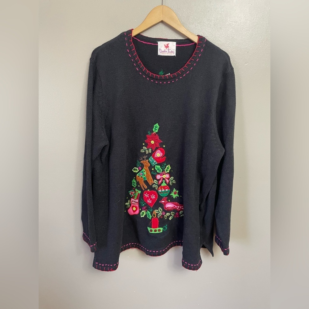 Quacker Factory Black Knit Embroidered Christmas Tree Light Up Sweater 2X?